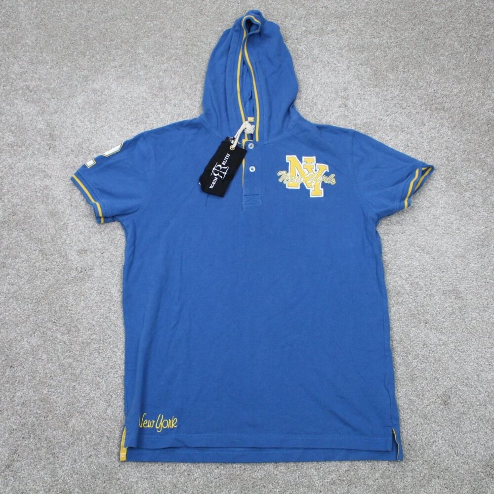 Robin Ruth New York Hoodie NWT Women Large Blue Cotton Short Sleeve Hooded Shirt